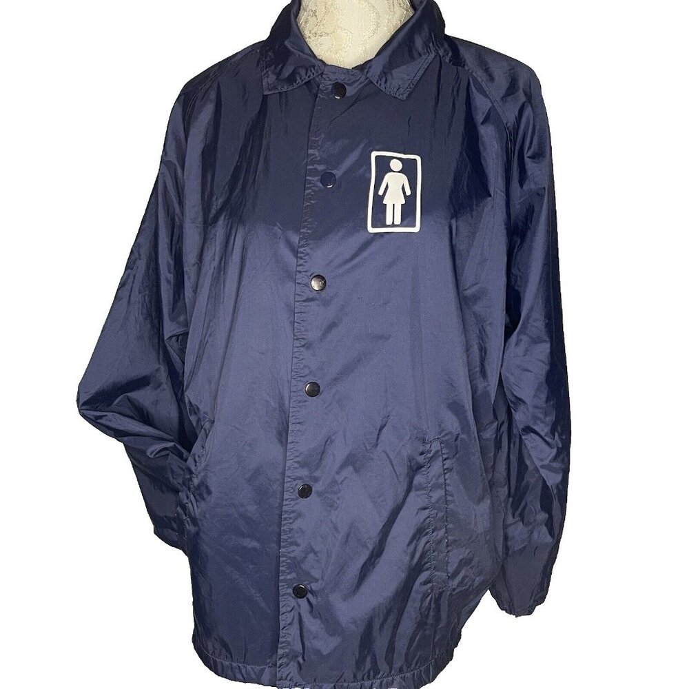 Vtg Girl Skateboards Brand Mens sz S Jacket Windbreaker Blue Unisex Lined Snap